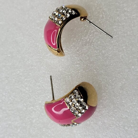 Pink And Gold Oval Small Earrings with Clear Crystals Small Fuschia Earrings - Picture 3 of 8